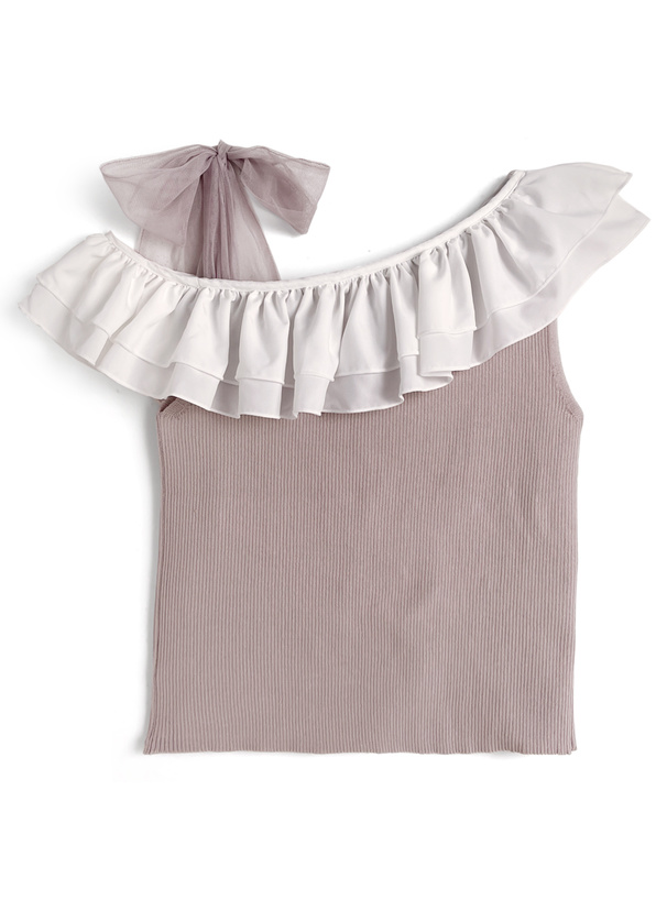 フリルドッキングワンショルダーリボンノースリーブニットトップス