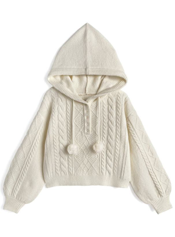 ポンポン付きケーブル編ニットトップス