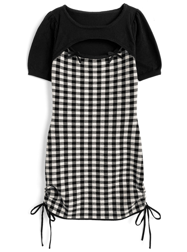 ギンガムチェック柄フロントオープンリボンミニワンピース[lt177]