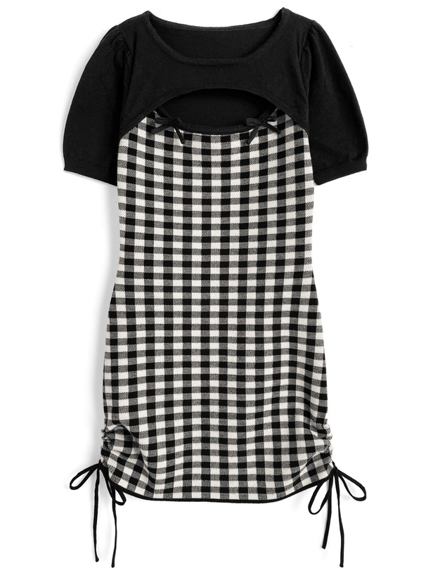 ギンガムチェック柄フロントオープンリボンミニワンピース