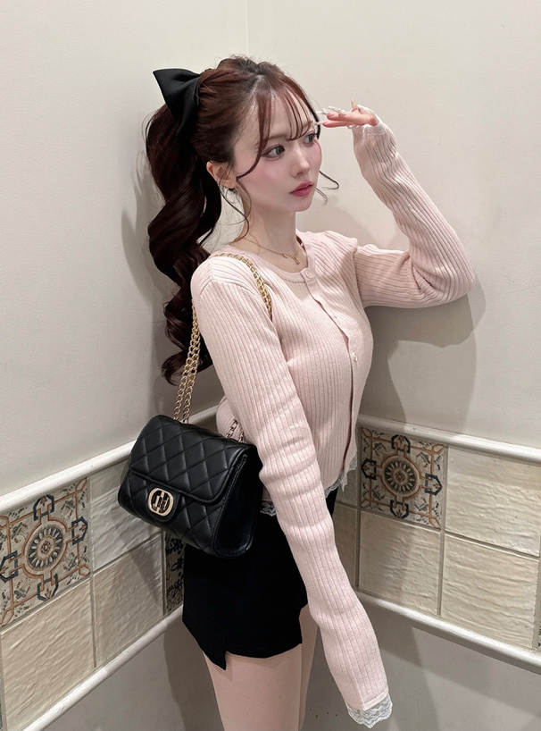 レースリブニットカーディガン