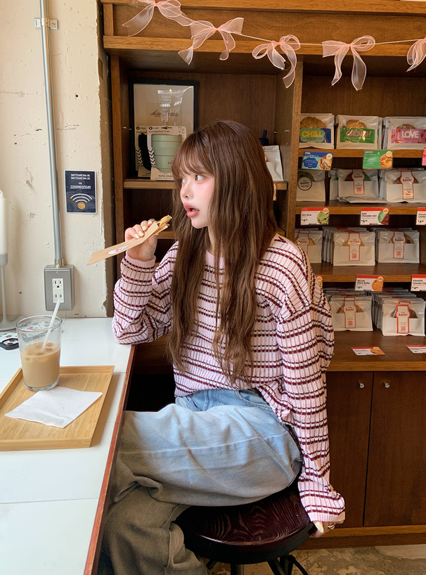 2Wayボーダー柄シアーニットトップス