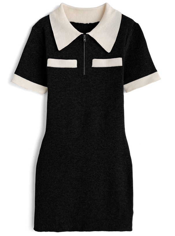 配色ハーフジップリブニットミニワンピース