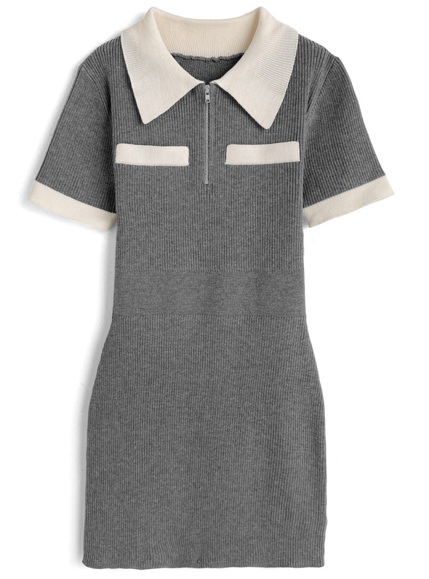 配色ハーフジップリブニットミニワンピース