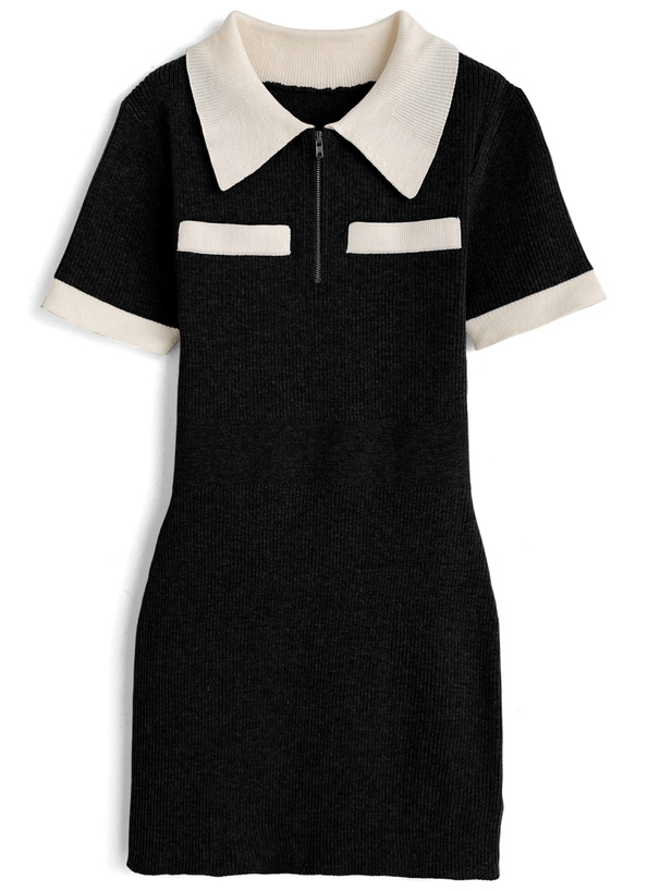 配色ハーフジップリブニットミニワンピース