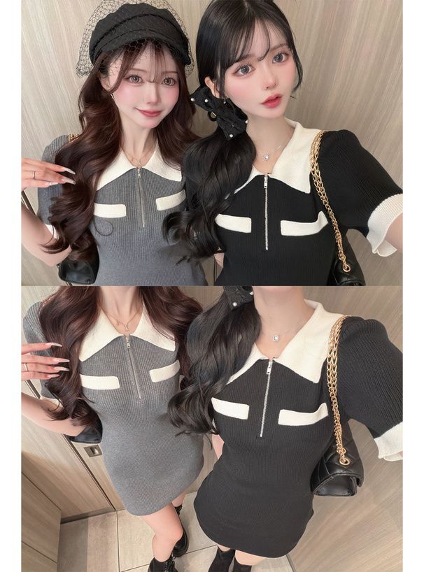 配色ハーフジップリブニットミニワンピース