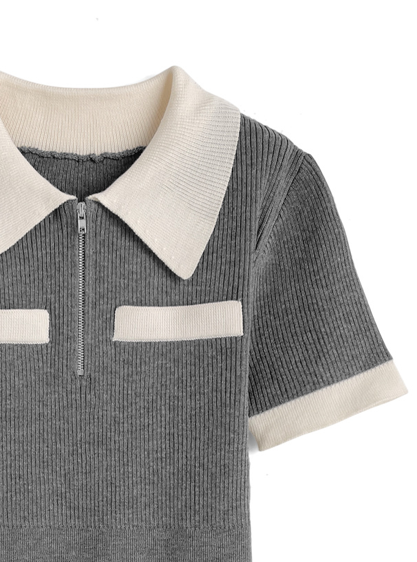 配色ハーフジップリブニットミニワンピース