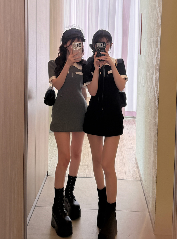 配色ハーフジップリブニットミニワンピース