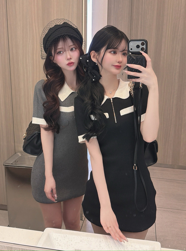 配色ハーフジップリブニットミニワンピース