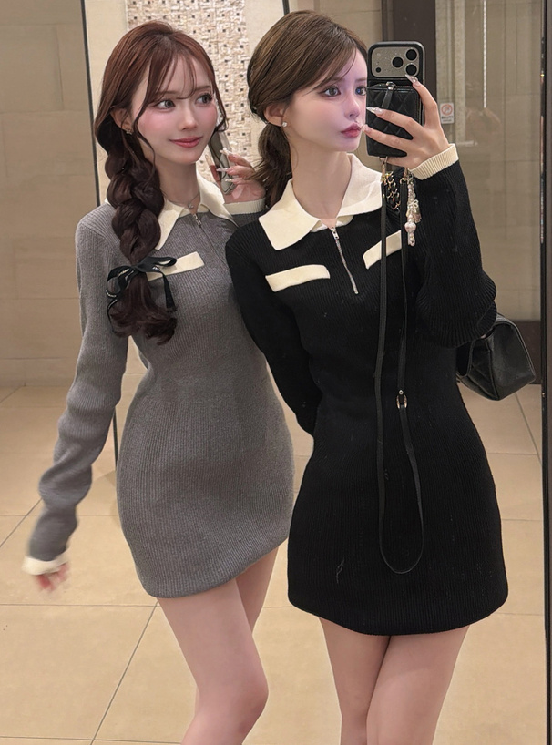 配色ハーフジップリブニットミニワンピース