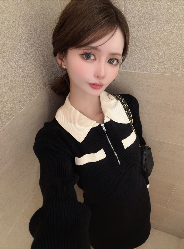 配色ハーフジップリブニットミニワンピース