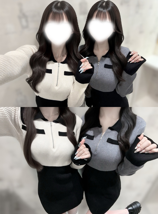 配色ハーフジップリブニットミニワンピース