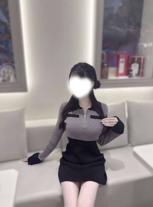 配色ハーフジップリブニットミニワンピース