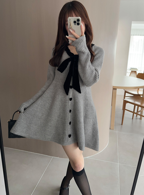 ハートボタンリボンニットフレアワンピース[lt45] | レディース