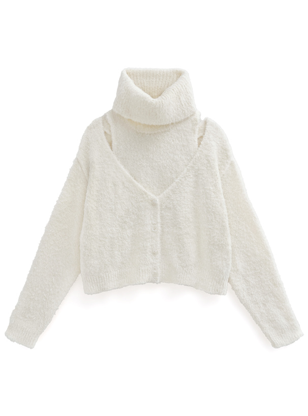 タートルネックトップス×カーディガンフェザーニットアンサンブル[lt57