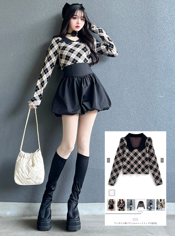 アーガイル柄パワショルニットトップス