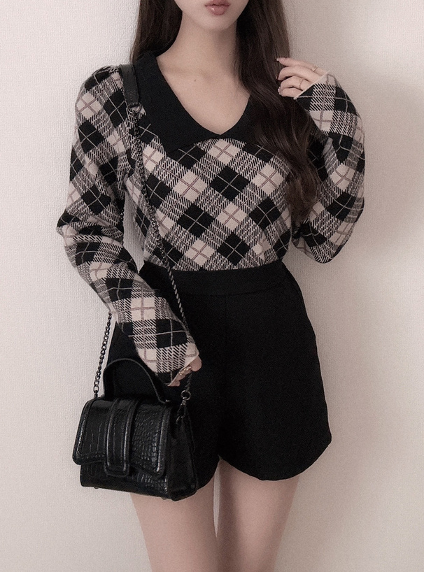 アーガイル柄パワショルニットトップス