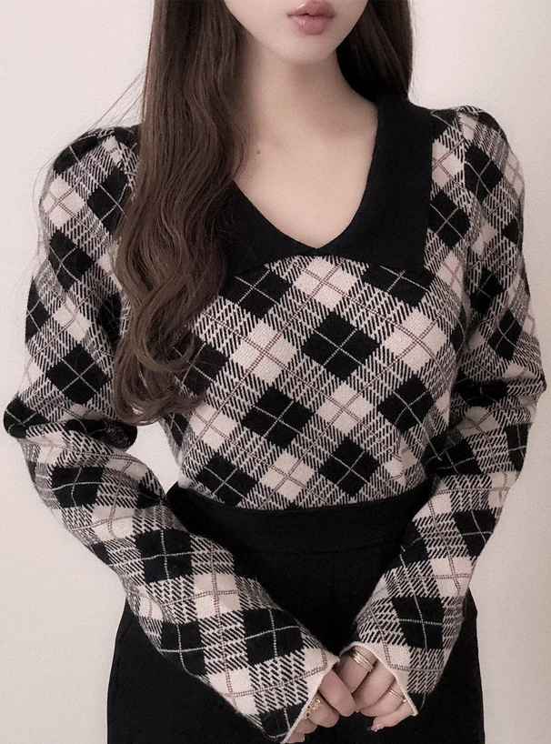 アーガイル柄パワショルニットトップス