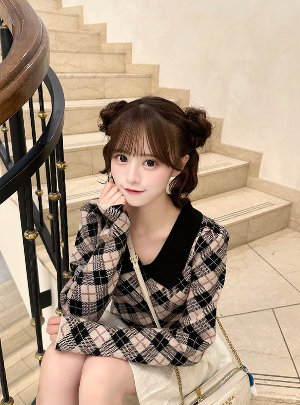 アーガイル柄パワショルニットトップス