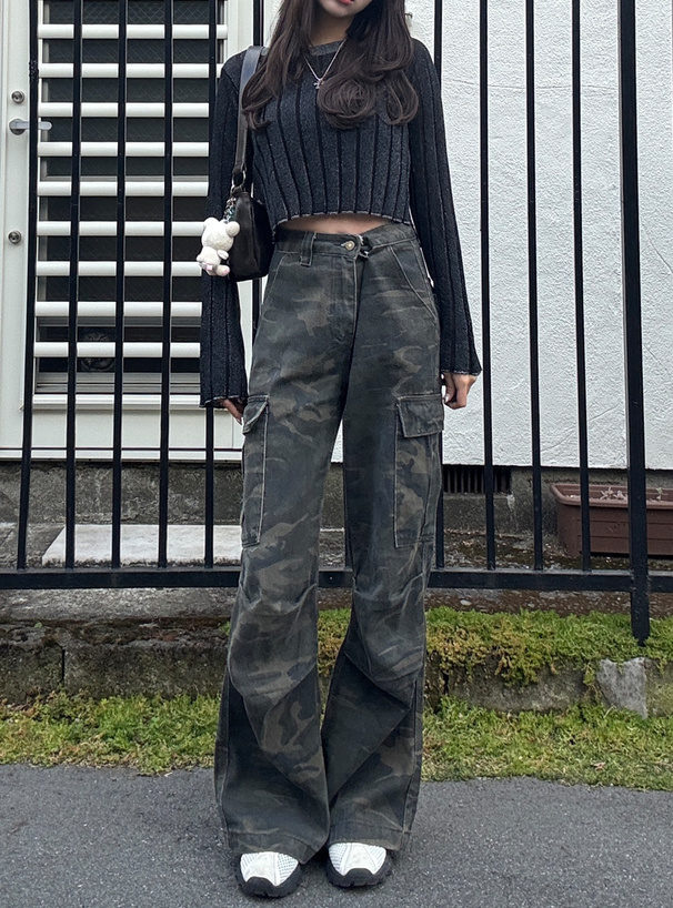 フレアスリーブラメシアーリブニットトップス