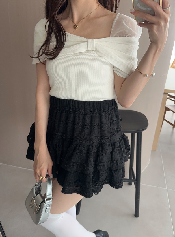 オフショルダーリボンリブニットトップス[lt84] | レディース