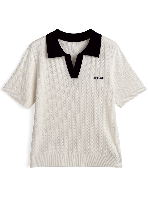 配色ケーブルポロニットトップス