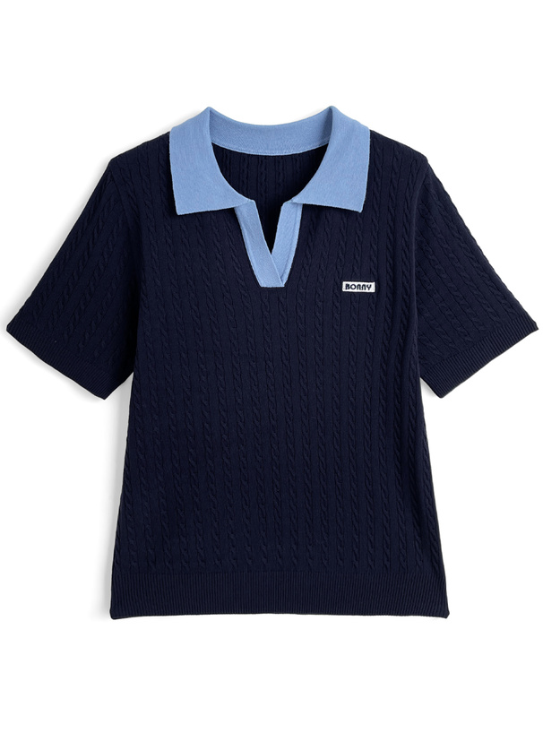 配色ケーブルポロニットトップス