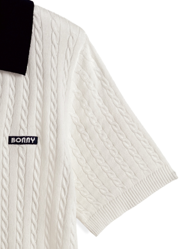 配色ケーブルポロニットトップス