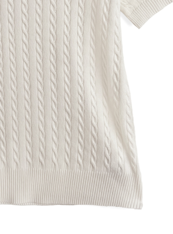 配色ケーブルポロニットトップス