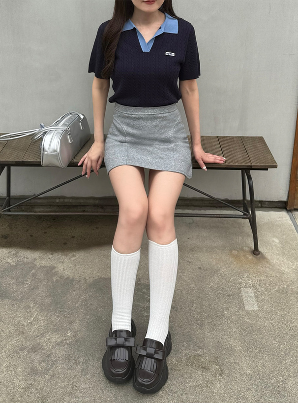 配色ケーブルポロニットトップス