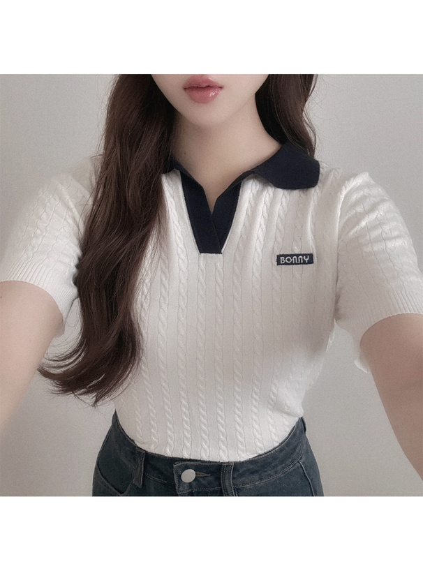 配色ケーブルポロニットトップス