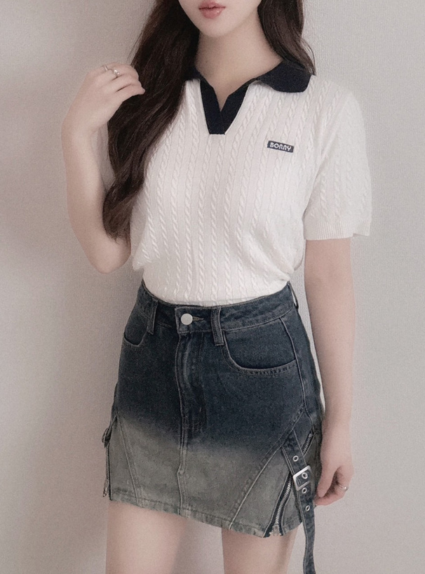 配色ケーブルポロニットトップス