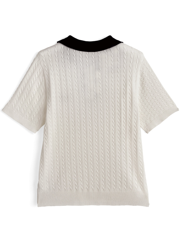 配色ケーブルポロニットトップス