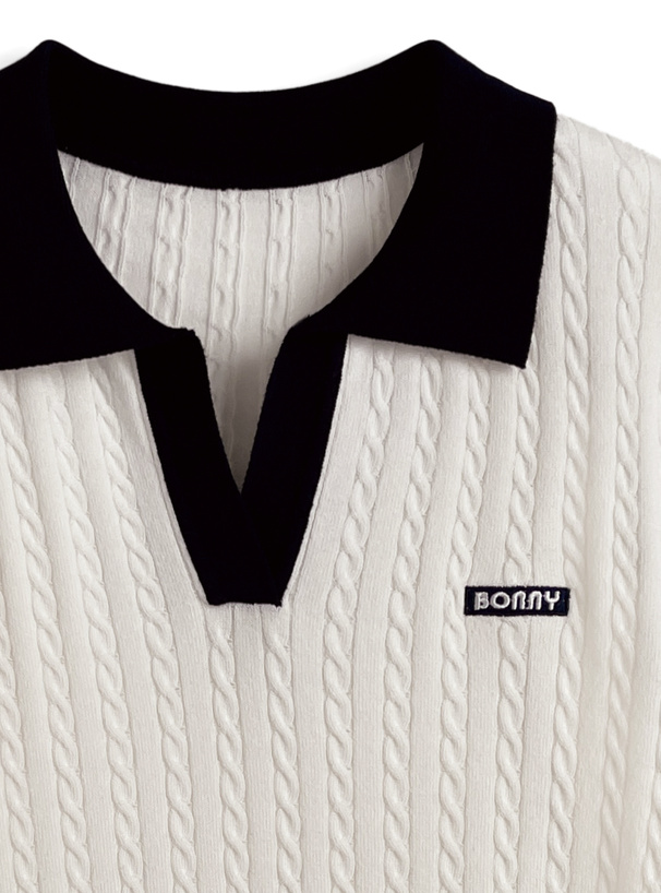 配色ケーブルポロニットトップス