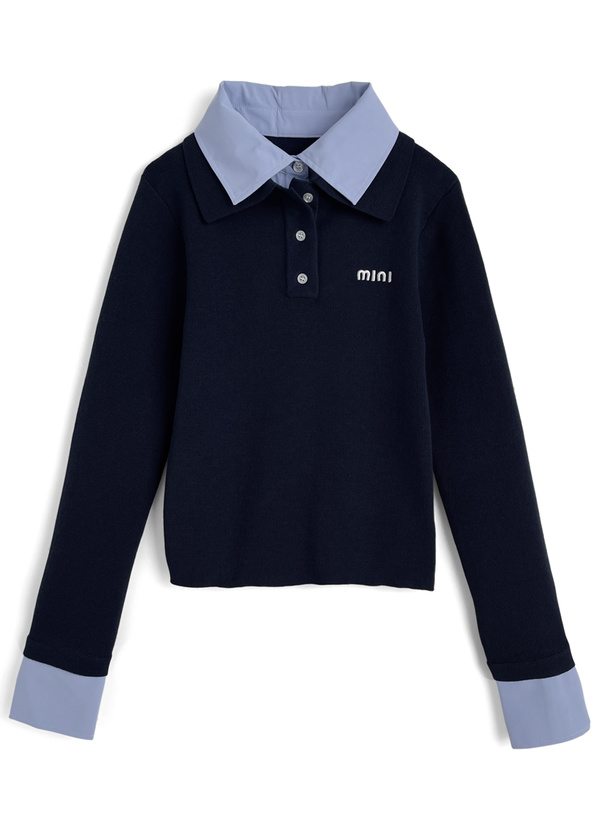 シャツレイヤード風ポロニットトップス