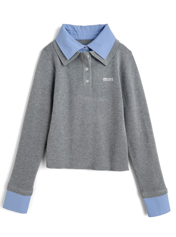 シャツレイヤード風ポロニットトップス