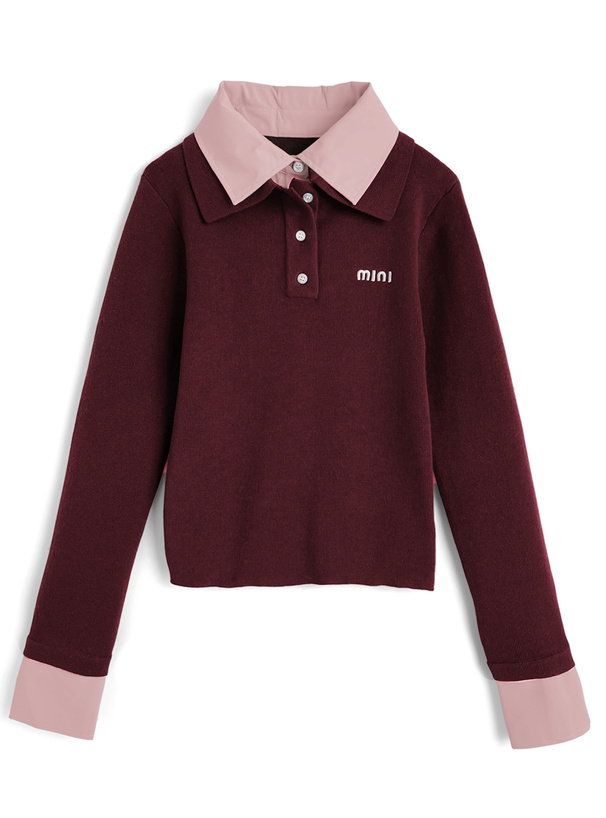 シャツレイヤード風ポロニットトップス