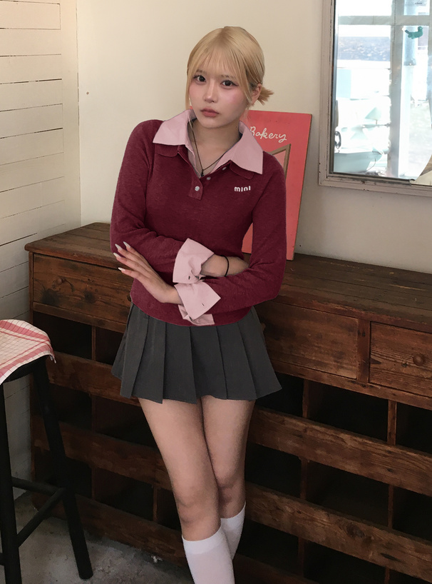 シャツレイヤード風ポロニットトップス