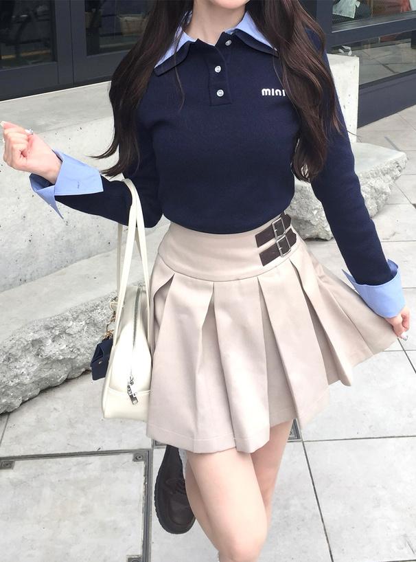 シャツレイヤード風ポロニットトップス