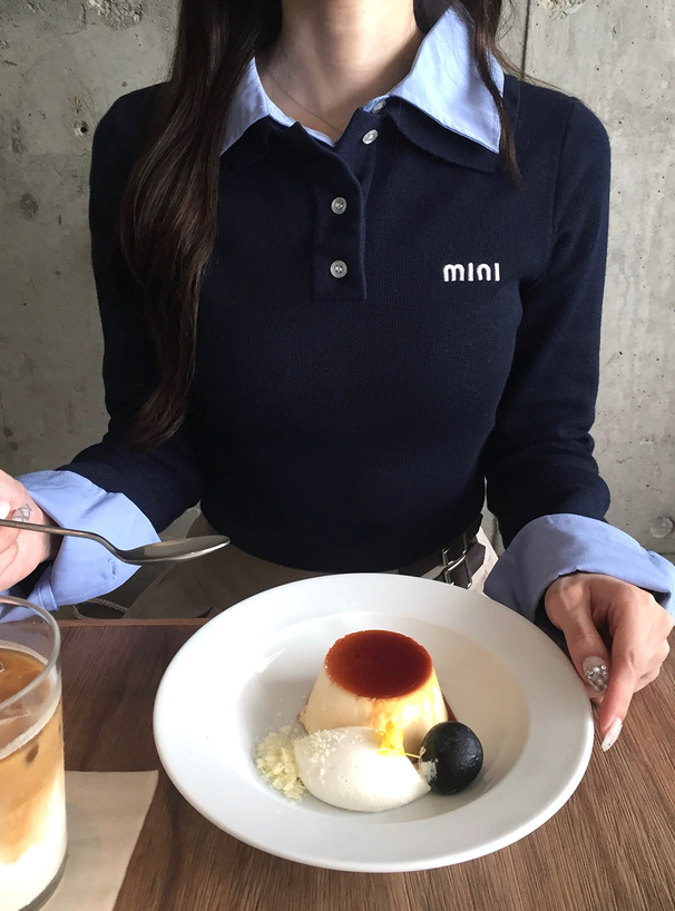 シャツレイヤード風ポロニットトップス