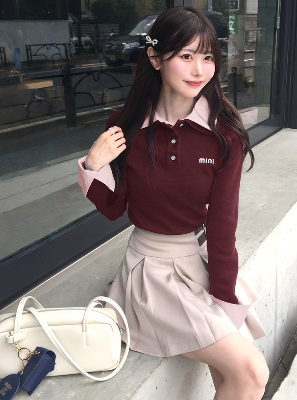 シャツレイヤード風ポロニットトップス