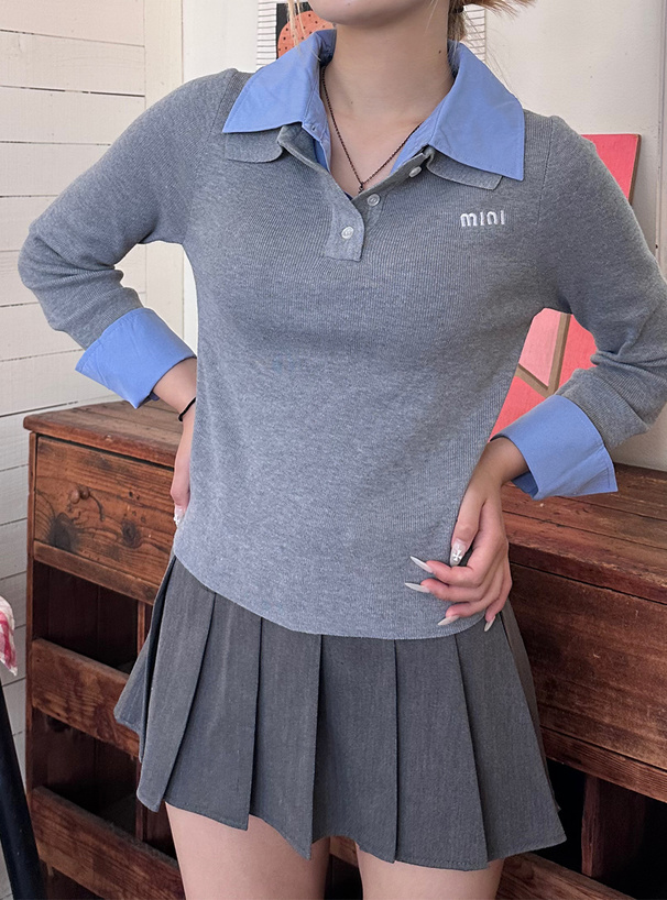 シャツレイヤード風ポロニットトップス