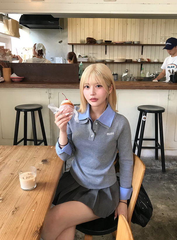 シャツレイヤード風ポロニットトップス