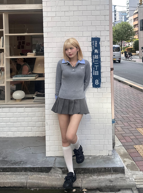 シャツレイヤード風ポロニットトップス