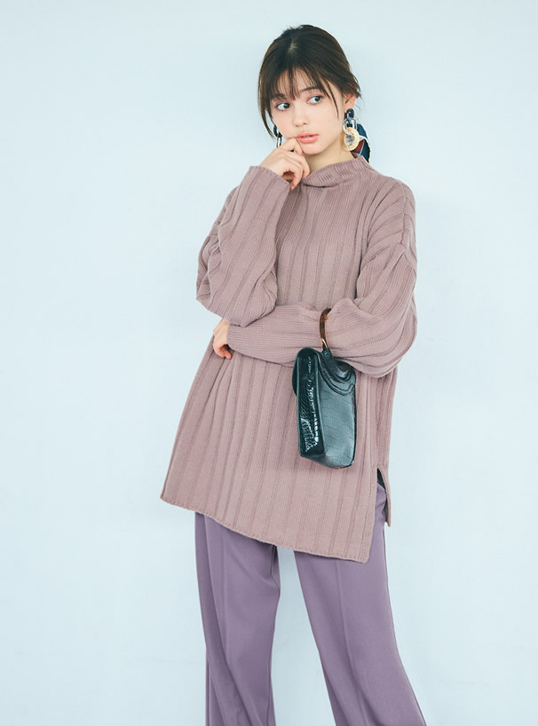 ハイネックワイドリブニットトップス