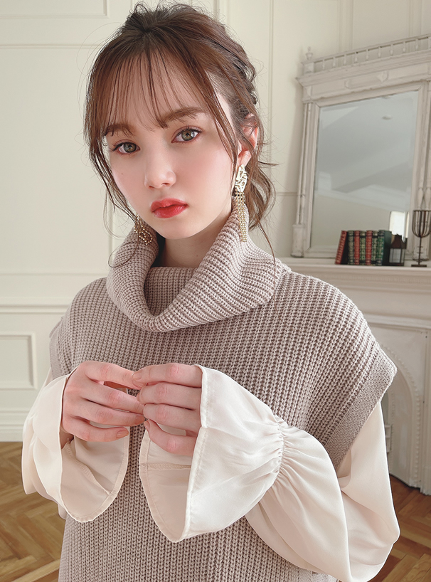 ニットロングベストXシャツワンピースセット