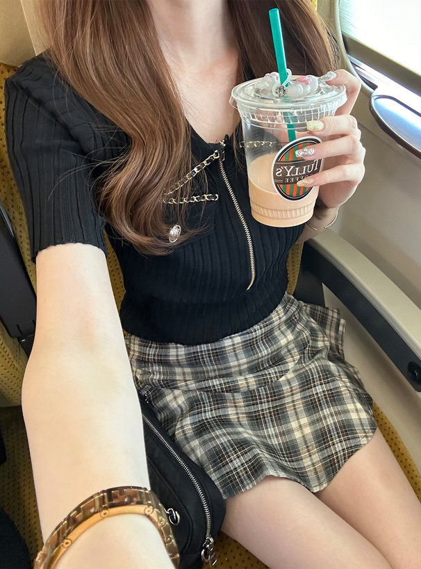 ゴールドチェーンハーフジップニットトップス