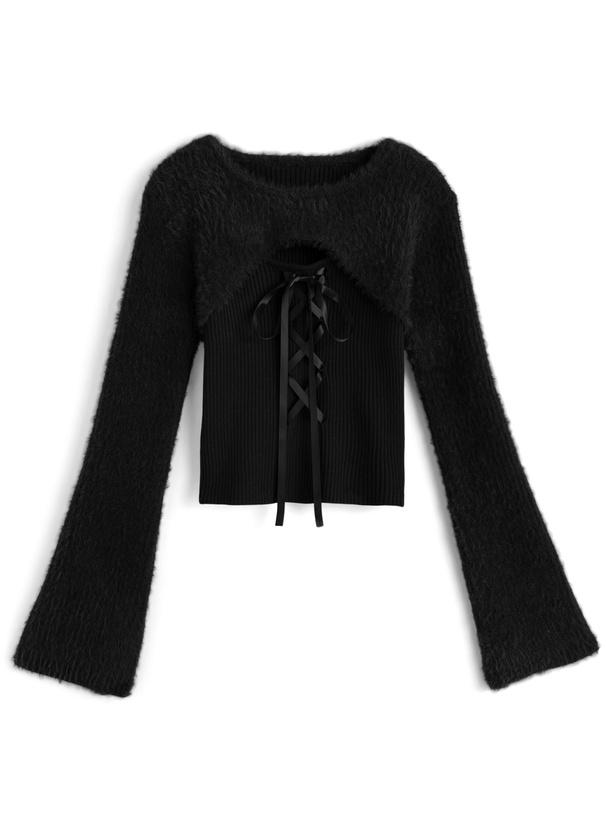 シャギーレイヤード風レースアップニットトップス