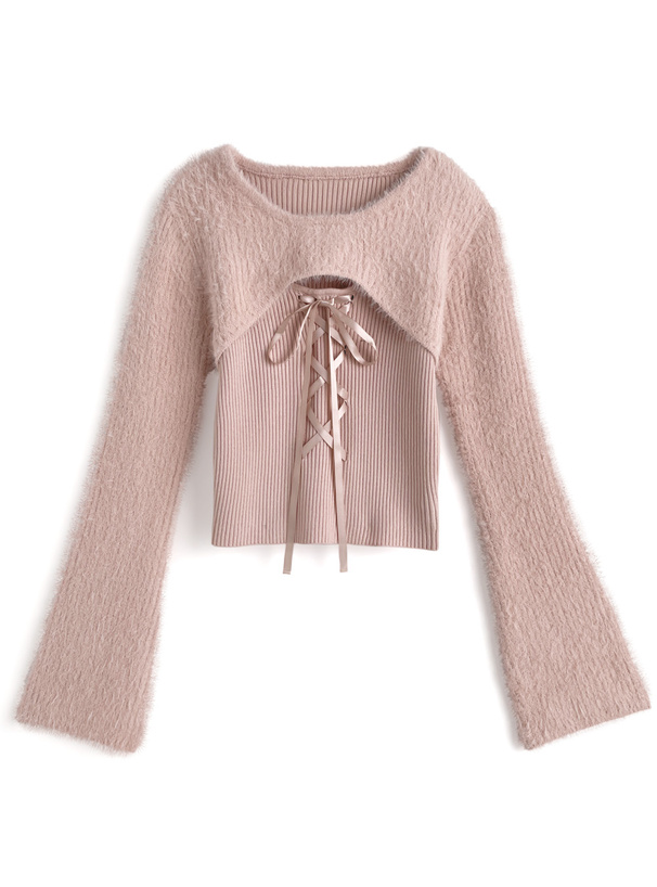 シャギーレイヤード風レースアップニットトップス