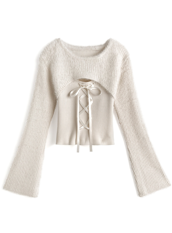 シャギーレイヤード風レースアップニットトップス